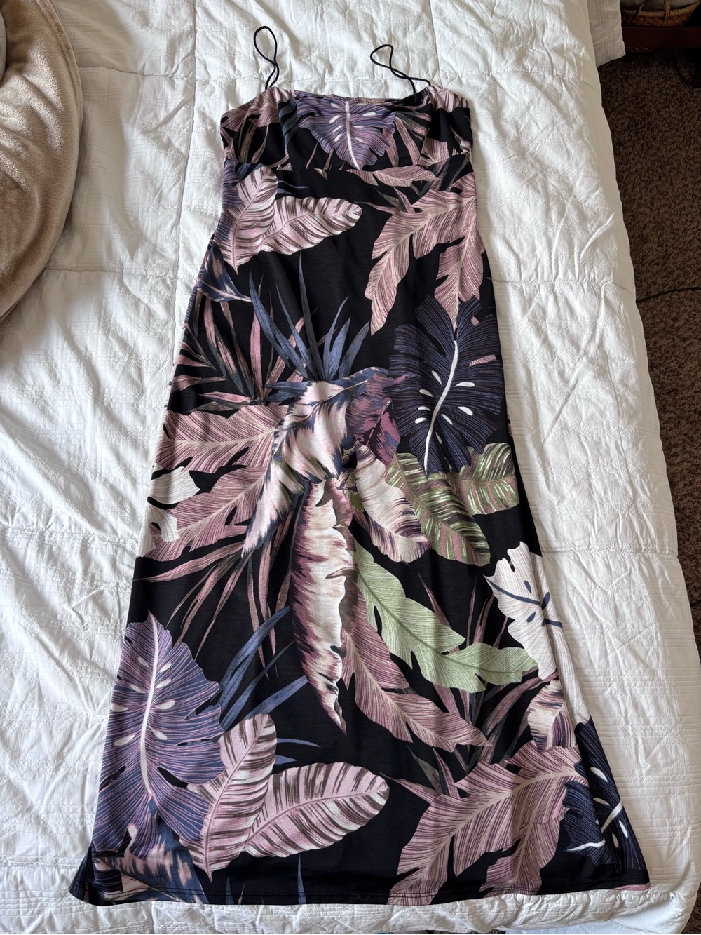 Strapless Tropical Midi Dress in Black & Green